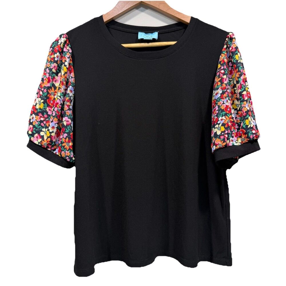 CeCe Women's Size L Polyester Blend Black Blouse Floral Puff Sheer Sleeve Top